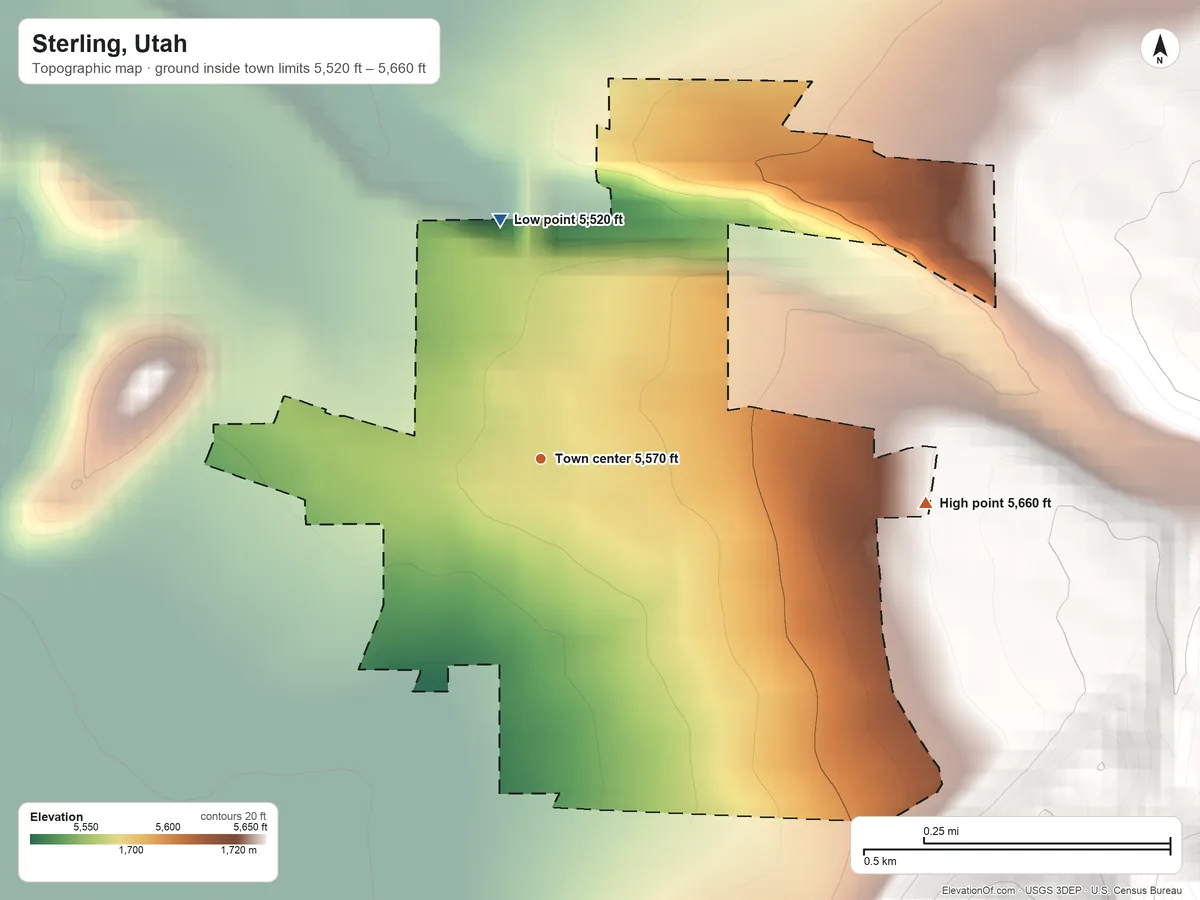 Topographic elevation map of Sterling, Utah, shaded from 5,520 ft on the north side to 5,660 ft at the foot of the White Hills
