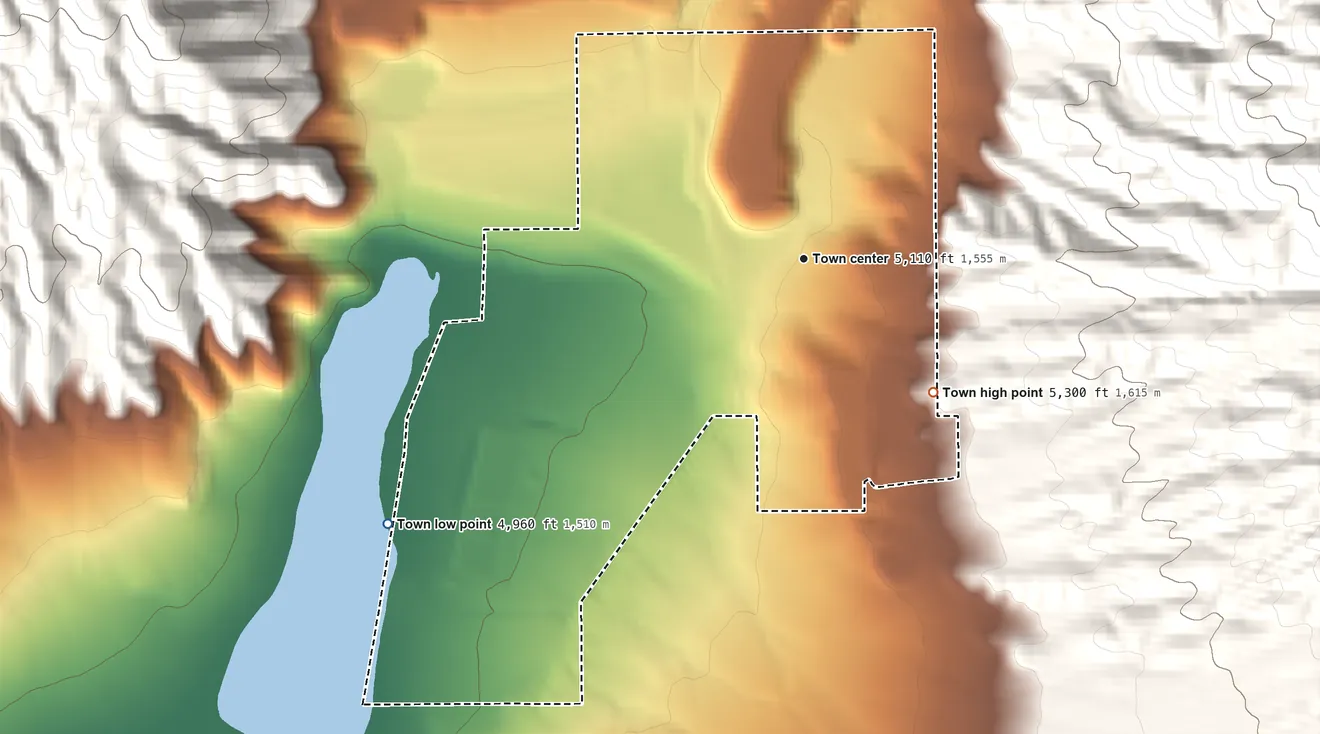 Topographic elevation map of Stockton, Utah, shaded from 4,960 ft on the southwest side to 5,300 ft at the foot of the Oquirrh Mountains