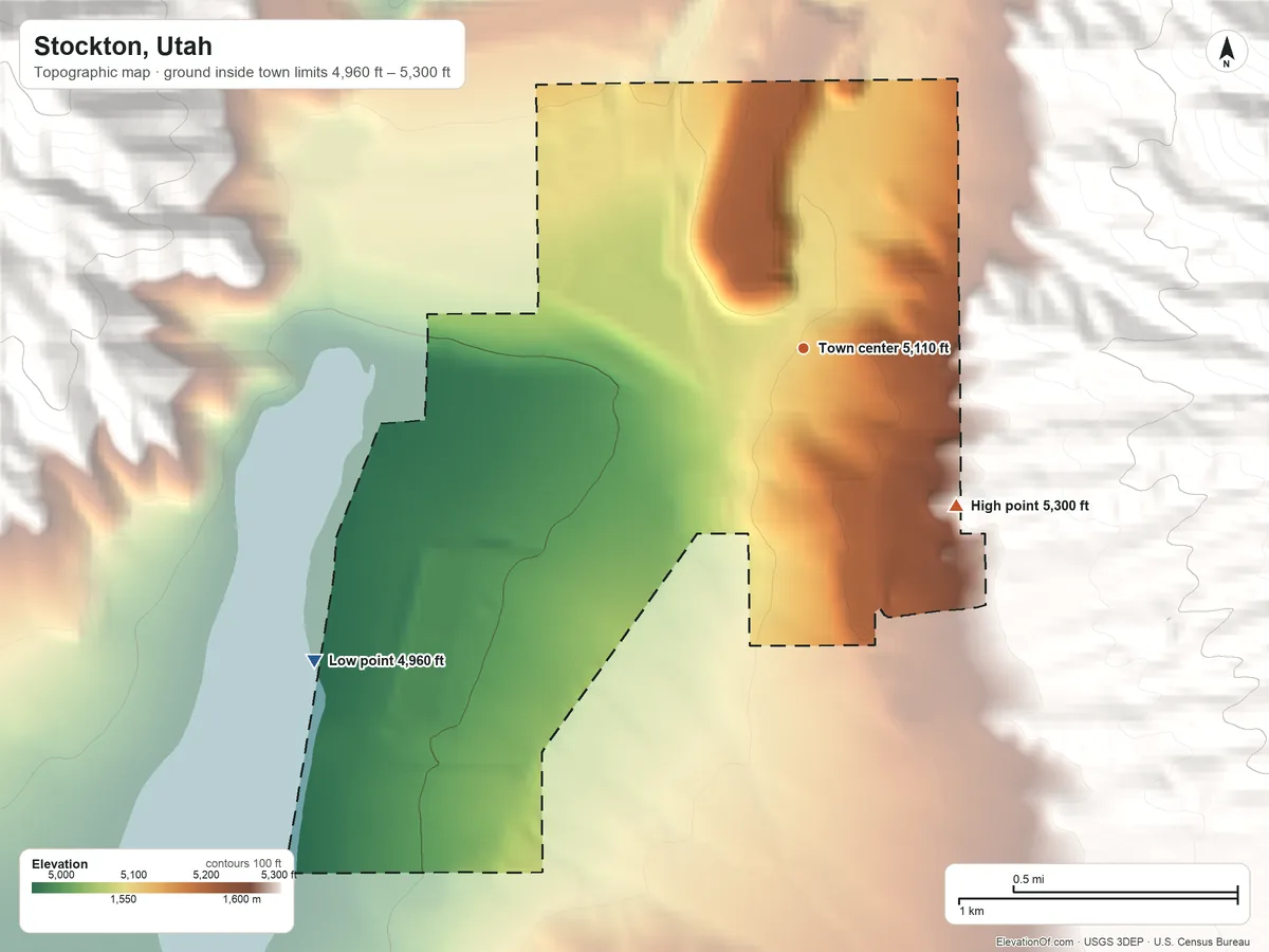 Topographic elevation map of Stockton, Utah, shaded from 4,960 ft on the southwest side to 5,300 ft at the foot of the Oquirrh Mountains