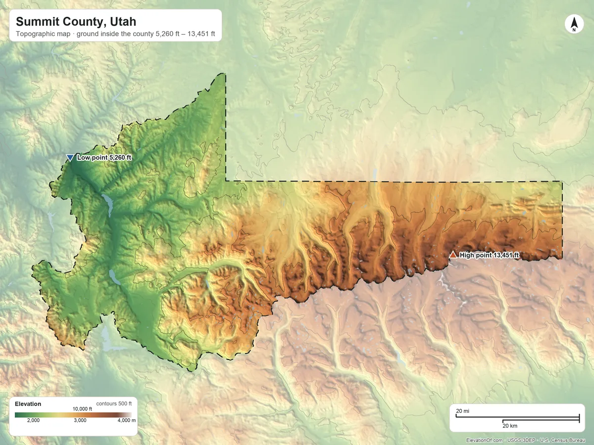 Topographic elevation map of Summit County, Utah, shaded from 5,260 ft on the west side to 13,451 ft on Gilbert Peak
