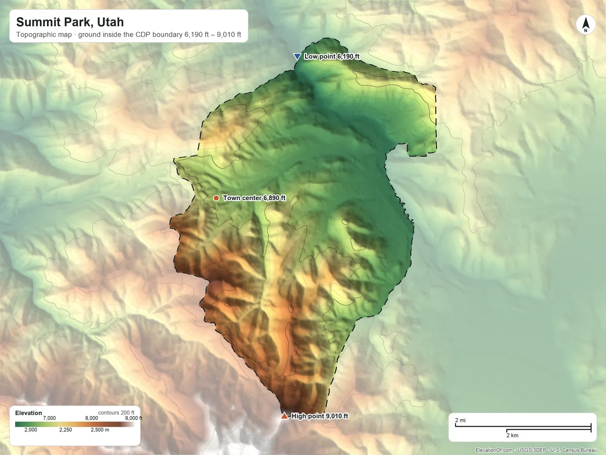 Topographic elevation map of Summit Park, Utah, shaded from 6,190 ft on the northeast side to 9,010 ft at the foot of the The West Hills