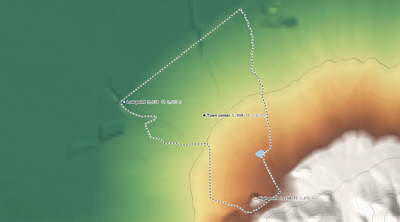 Topographic elevation map of Summit, Utah, shaded from 5,930 ft on the west side to 6,140 ft at the foot of the Red Hills