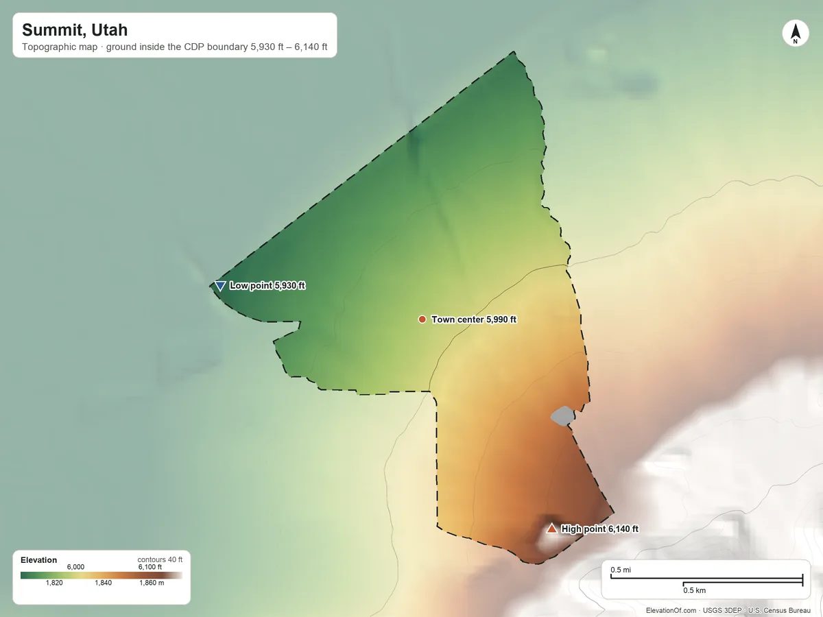 Topographic elevation map of Summit, Utah, shaded from 5,930 ft on the west side to 6,140 ft at the foot of the Red Hills