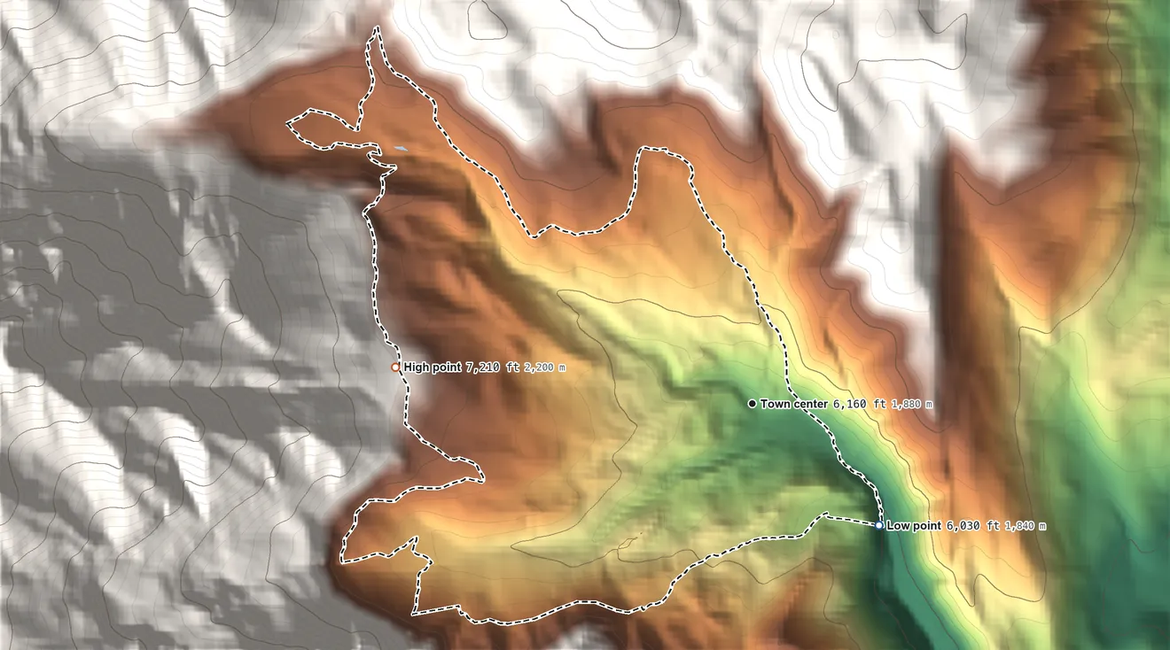 Topographic elevation map of Sundance, Utah, shaded from 6,030 ft on the southeast side to 7,210 ft on the west edge, below higher ground just outside