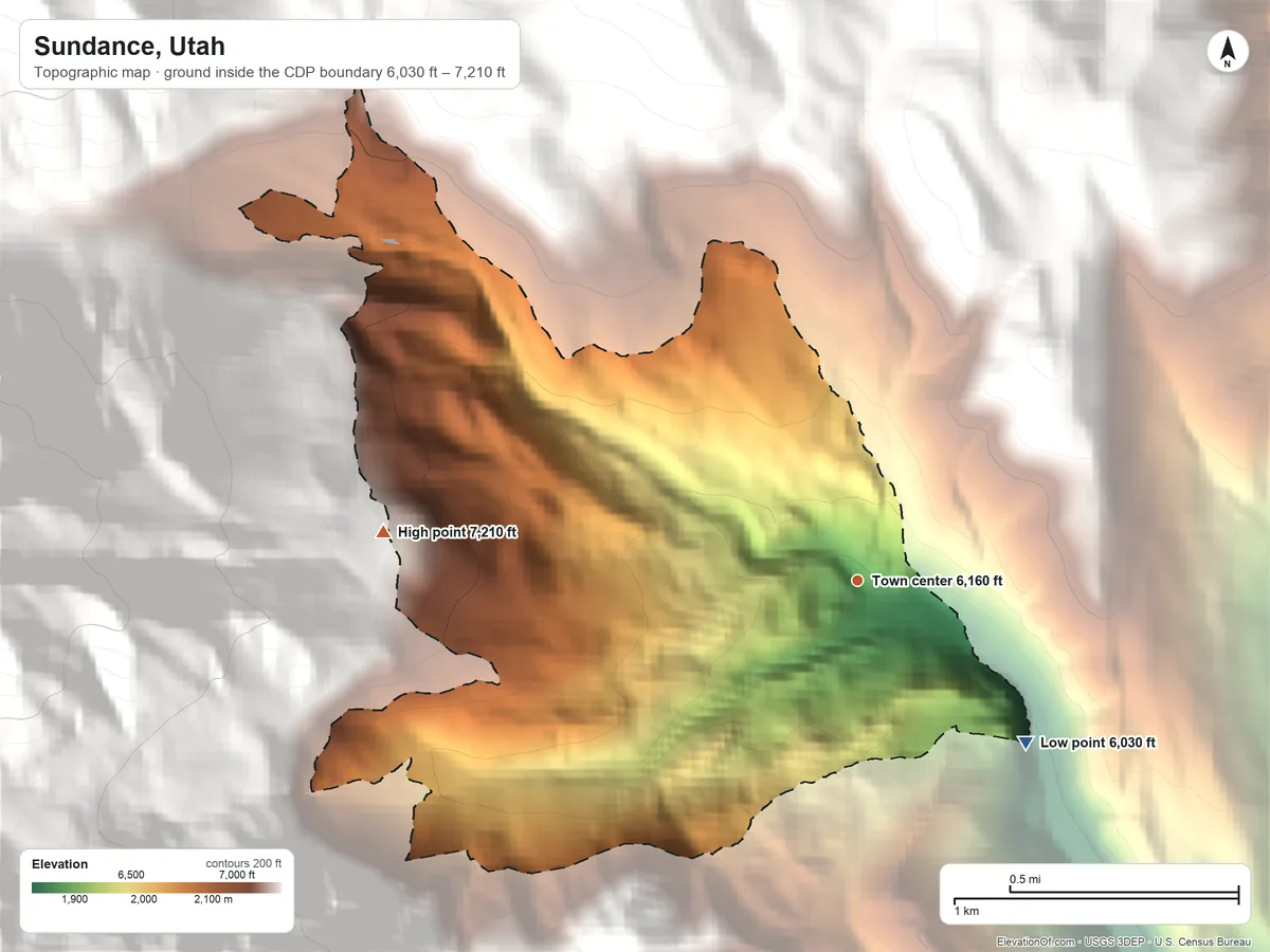 Topographic elevation map of Sundance, Utah, shaded from 6,030 ft on the southeast side to 7,210 ft on the west edge, below higher ground just outside