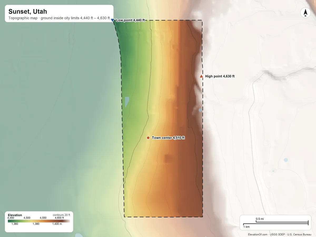 Topographic elevation map of Sunset, Utah, shaded from 4,440 ft on the north side to 4,630 ft on the northeast side