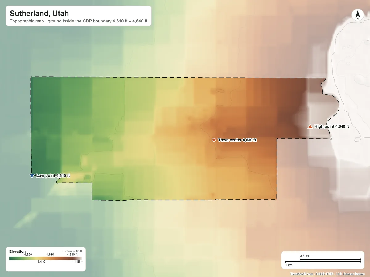 Topographic elevation map of Sutherland, Utah, shaded from 4,610 ft on the west side to 4,640 ft on the east side