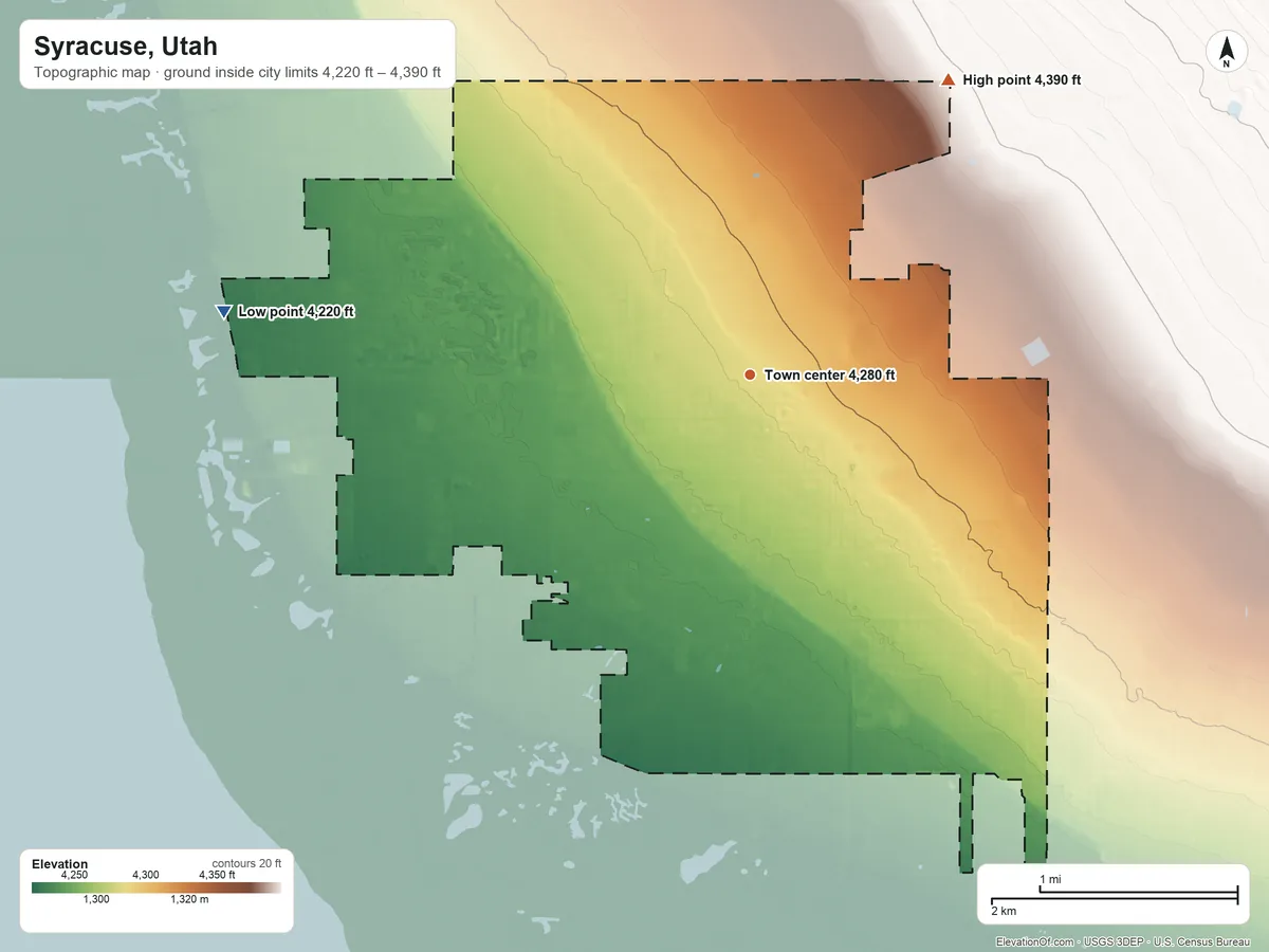 Topographic elevation map of Syracuse, Utah, shaded from 4,220 ft on the west side to 4,390 ft on the northeast side