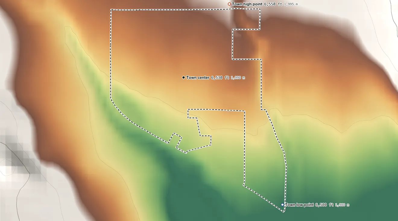 Topographic elevation map of Tabiona, Utah, shaded from 6,500 ft on the southeast side to 6,550 ft on the northeast edge, below higher ground just outside