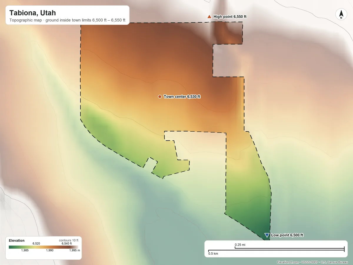 Topographic elevation map of Tabiona, Utah, shaded from 6,500 ft on the southeast side to 6,550 ft on the northeast edge, below higher ground just outside