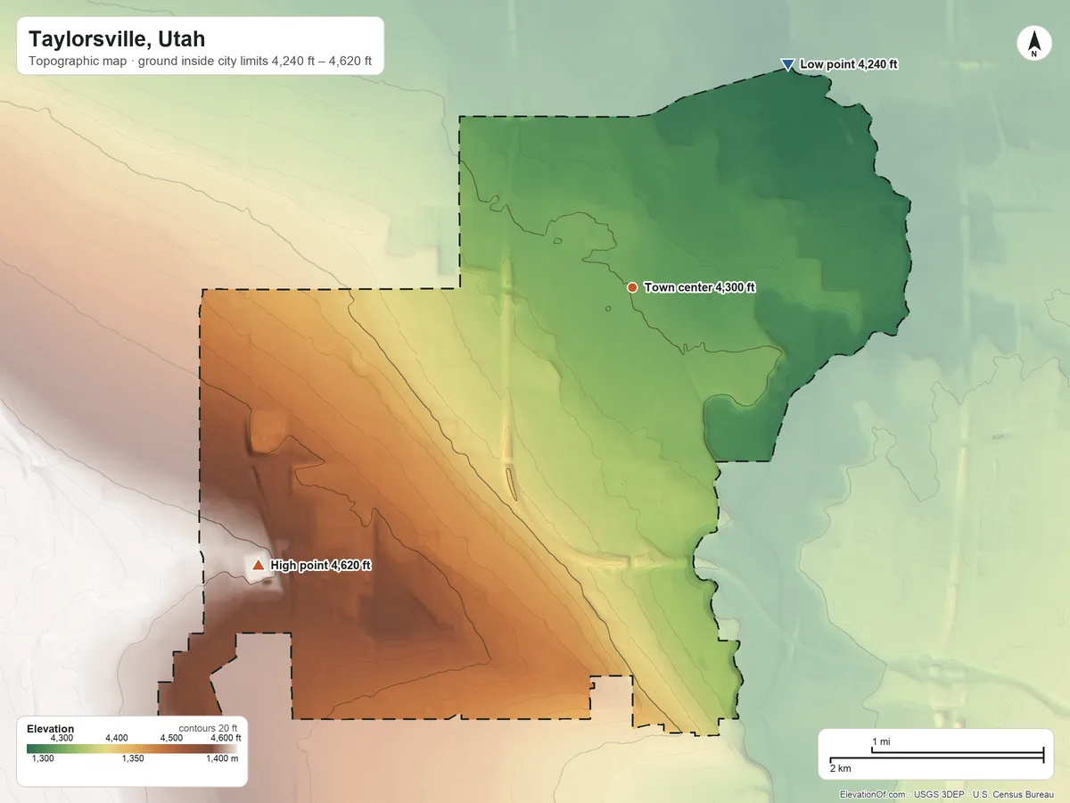 Topographic elevation map of Taylorsville, Utah, shaded from 4,240 ft on the northeast side to 4,620 ft on the southwest side