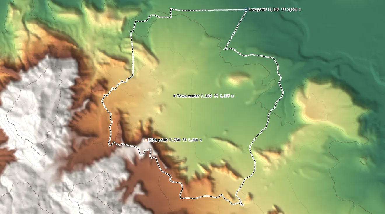 Topographic elevation map of Teasdale, Utah, shaded from 6,880 ft on the northeast side to 7,750 ft at the foot of the The Potholes