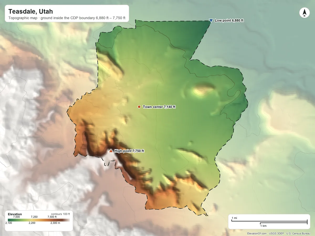 Topographic elevation map of Teasdale, Utah, shaded from 6,880 ft on the northeast side to 7,750 ft at the foot of the The Potholes