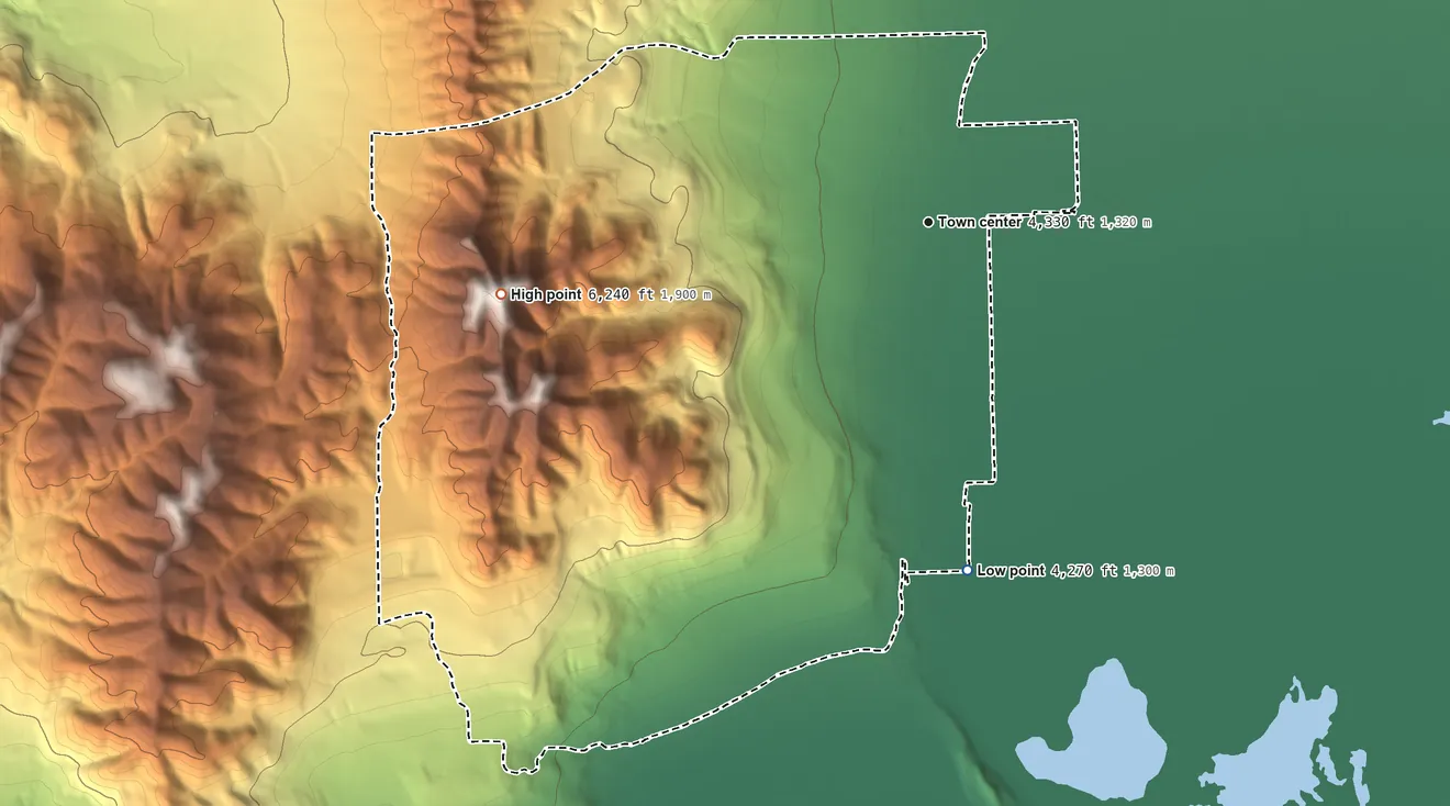 Topographic elevation map of Thatcher, Utah, shaded from 4,270 ft on the south side to 6,240 ft on Thatcher Mountain