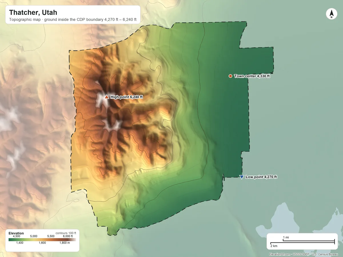 Topographic elevation map of Thatcher, Utah, shaded from 4,270 ft on the south side to 6,240 ft on Thatcher Mountain