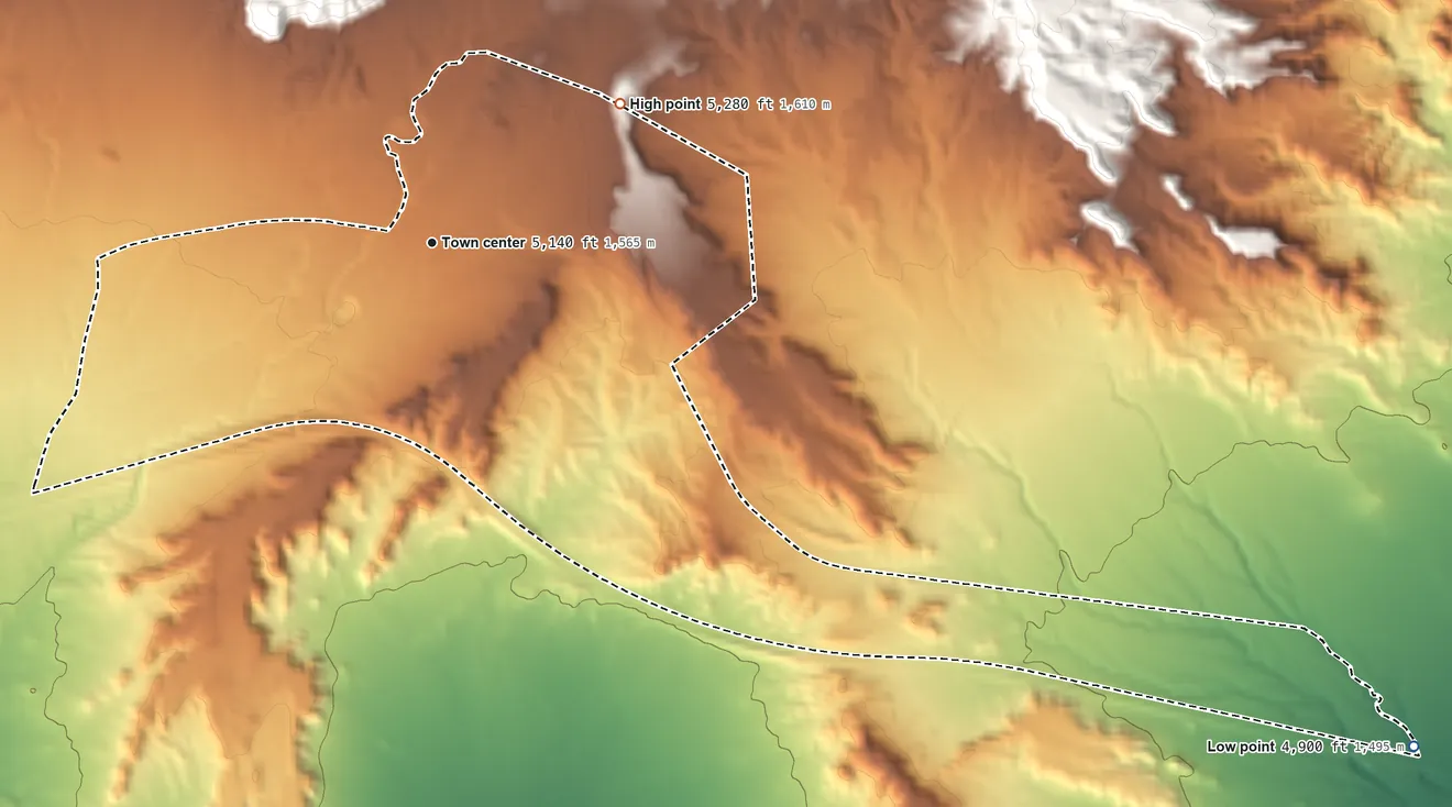 Topographic elevation map of Thompson Springs, Utah, shaded from 4,900 ft on the southeast side to 5,280 ft on the northeast edge, below higher ground just outside