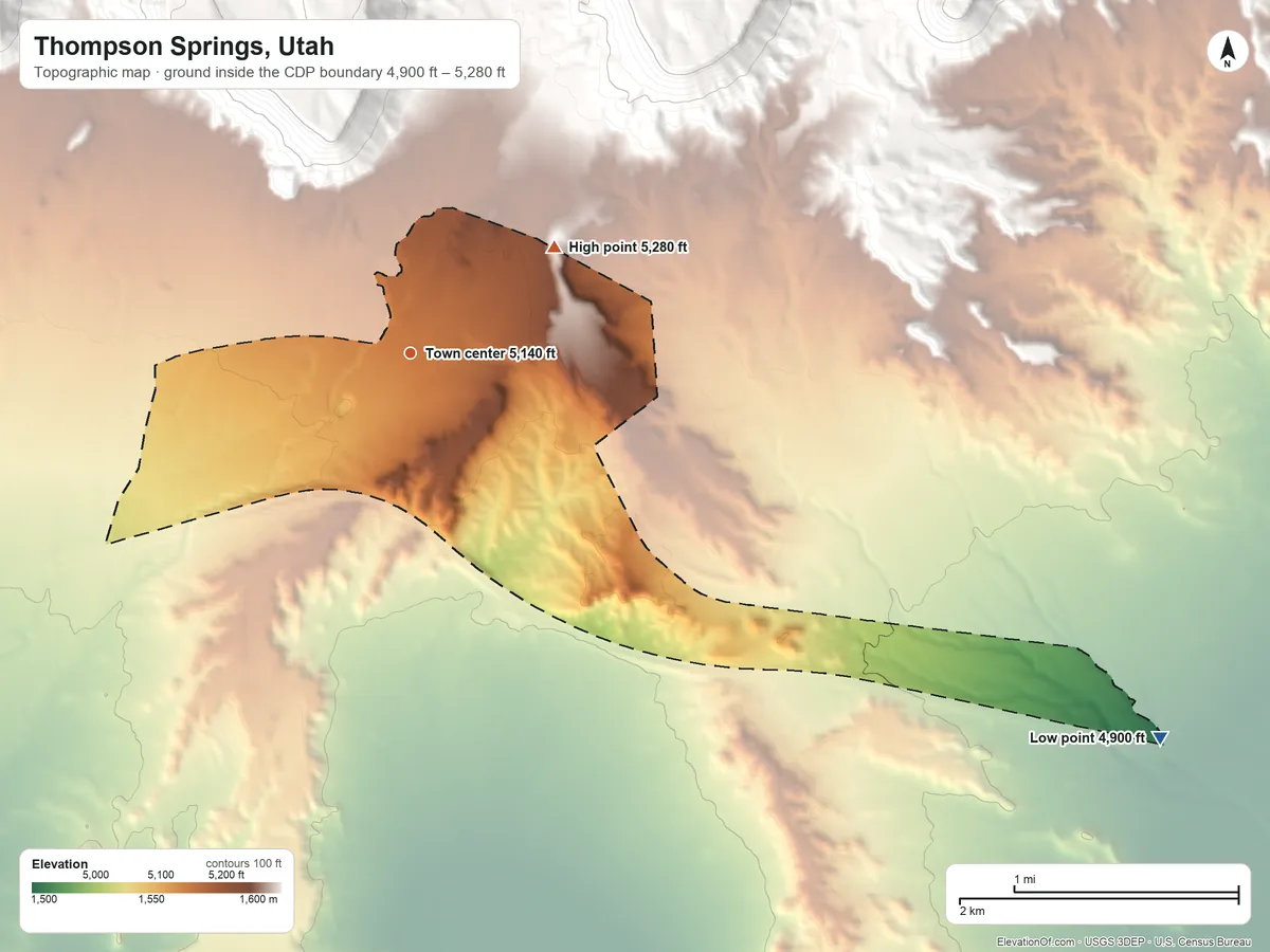 Topographic elevation map of Thompson Springs, Utah, shaded from 4,900 ft on the southeast side to 5,280 ft on the northeast edge, below higher ground just outside