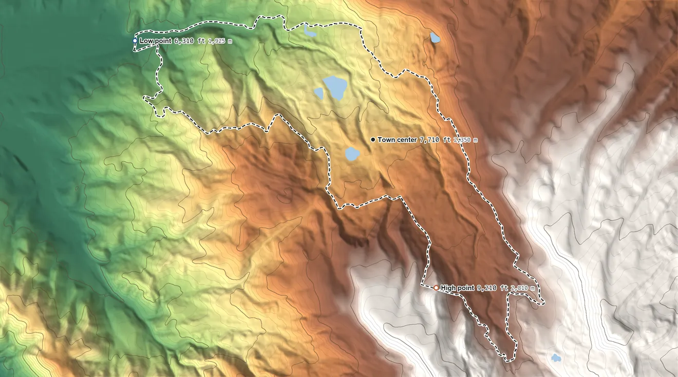 Topographic elevation map of Timber Lakes, Utah, shaded from 6,310 ft on the northwest side to 9,210 ft on the southeast edge, below higher ground just outside