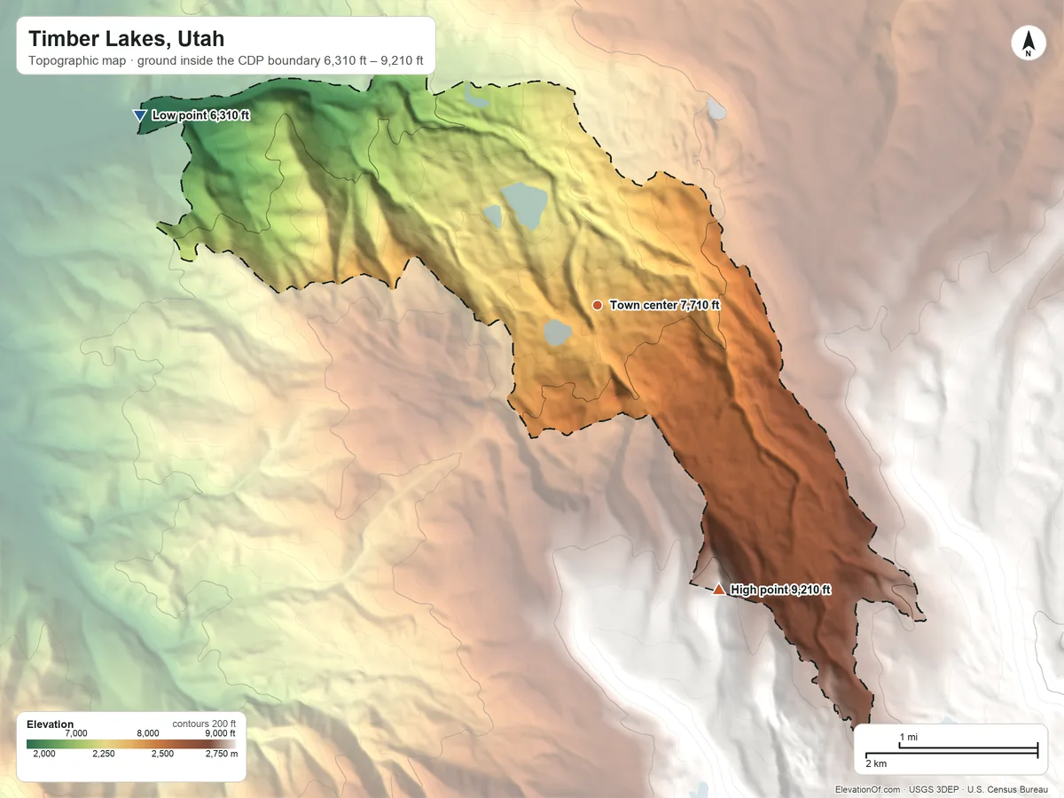 Topographic elevation map of Timber Lakes, Utah, shaded from 6,310 ft on the northwest side to 9,210 ft on the southeast edge, below higher ground just outside