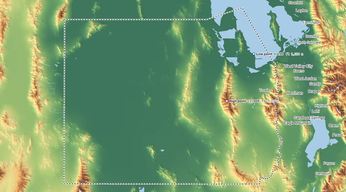 Topographic elevation map of Tooele County, Utah, shaded from 4,200 ft on the northeast side to 11,000 ft on Deseret Peak