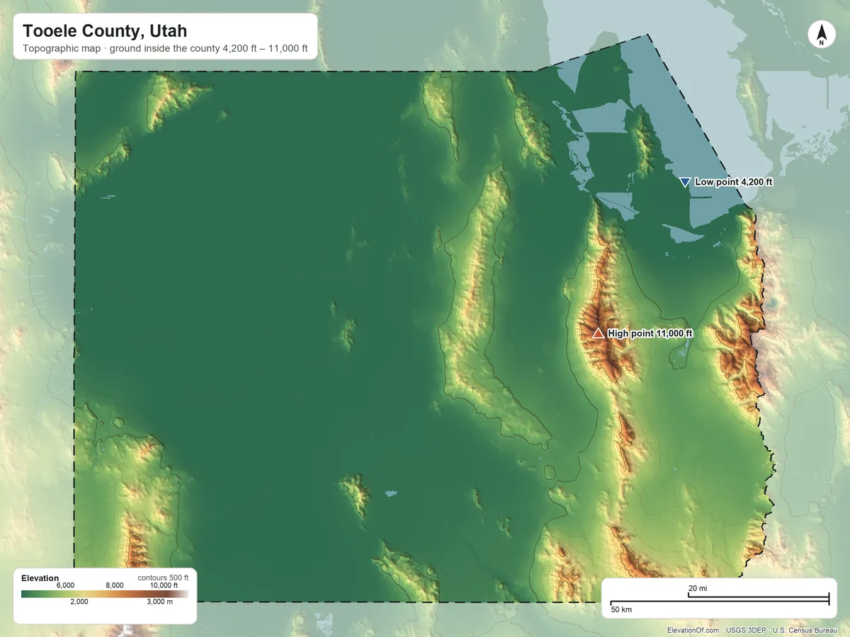 Topographic elevation map of Tooele County, Utah, shaded from 4,200 ft on the northeast side to 11,000 ft on Deseret Peak