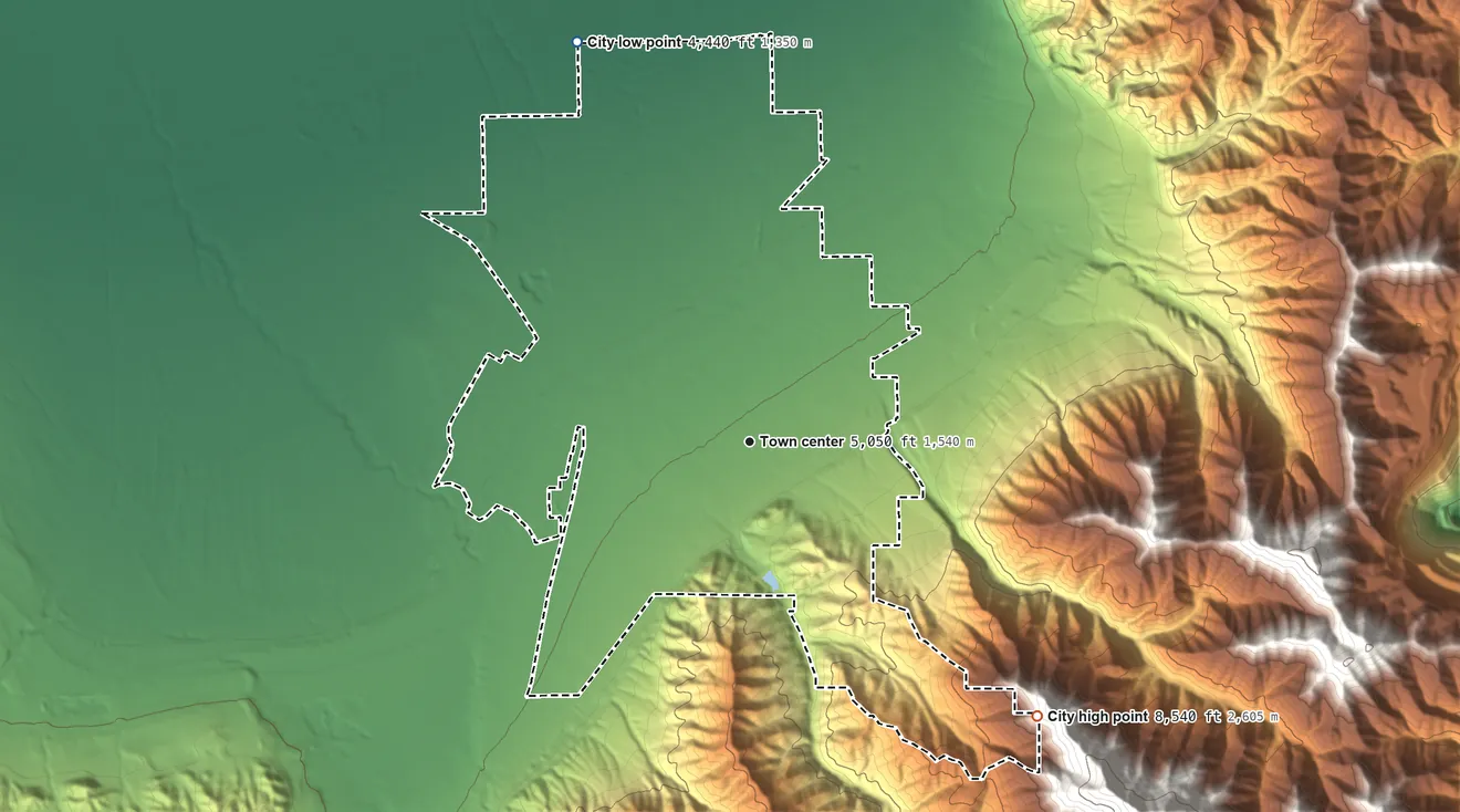 Topographic elevation map of Tooele, Utah, shaded from 4,440 ft on the northwest side to 8,540 ft at the foot of the Oquirrh Mountains