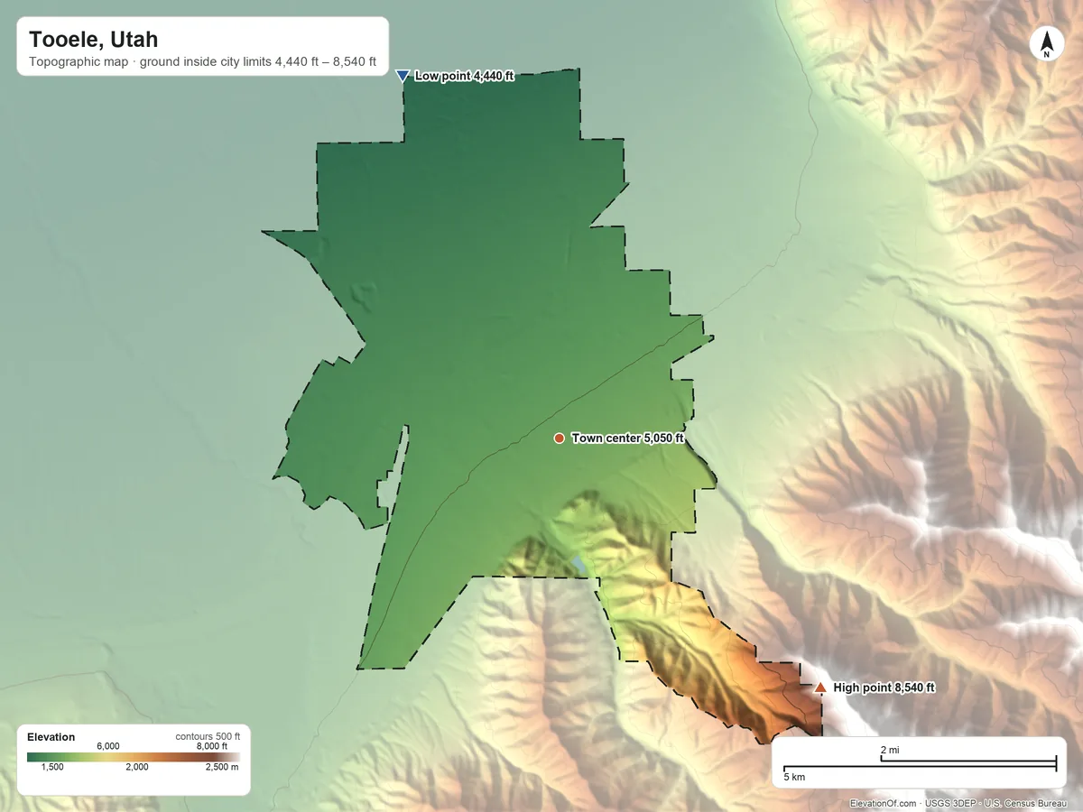 Topographic elevation map of Tooele, Utah, shaded from 4,440 ft on the northwest side to 8,540 ft at the foot of the Oquirrh Mountains