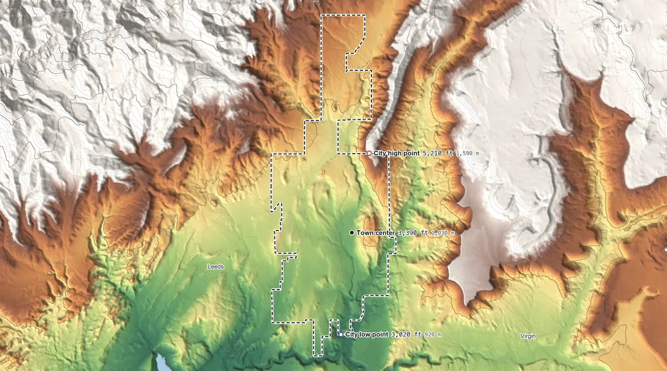 Topographic elevation map of Toquerville, Utah, shaded from 3,020 ft on the south side to 5,210 ft at the foot of the Pine Valley Mountains
