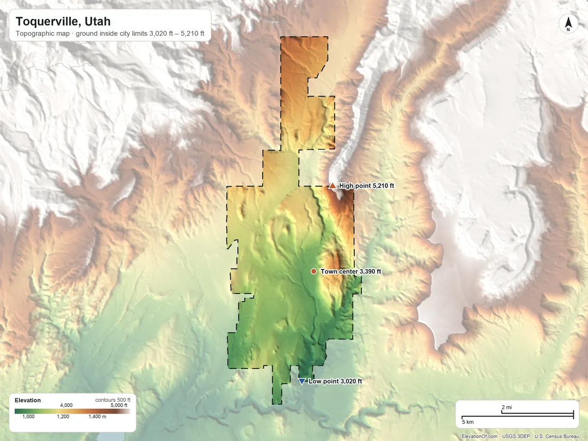 Topographic elevation map of Toquerville, Utah, shaded from 3,020 ft on the south side to 5,210 ft at the foot of the Pine Valley Mountains