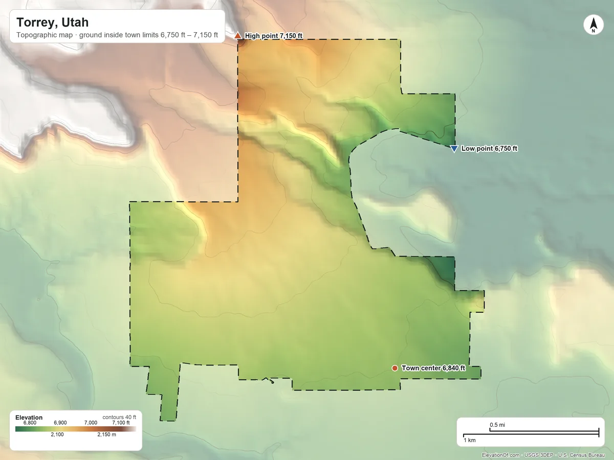 Topographic elevation map of Torrey, Utah, shaded from 6,750 ft on the north side to 7,150 ft at the foot of the The Potholes