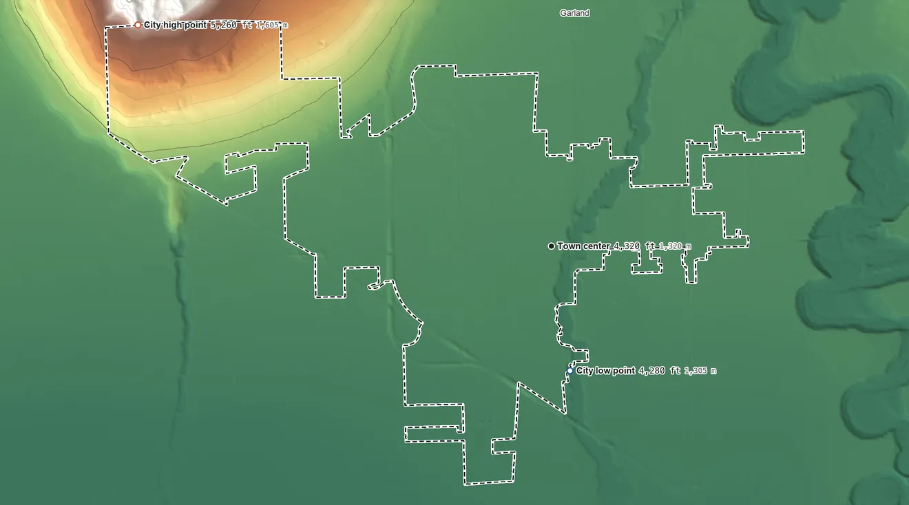 Topographic elevation map of Tremonton, Utah, shaded from 4,280 ft on the south side to 5,260 ft at the foot of the Blue Spring Hills
