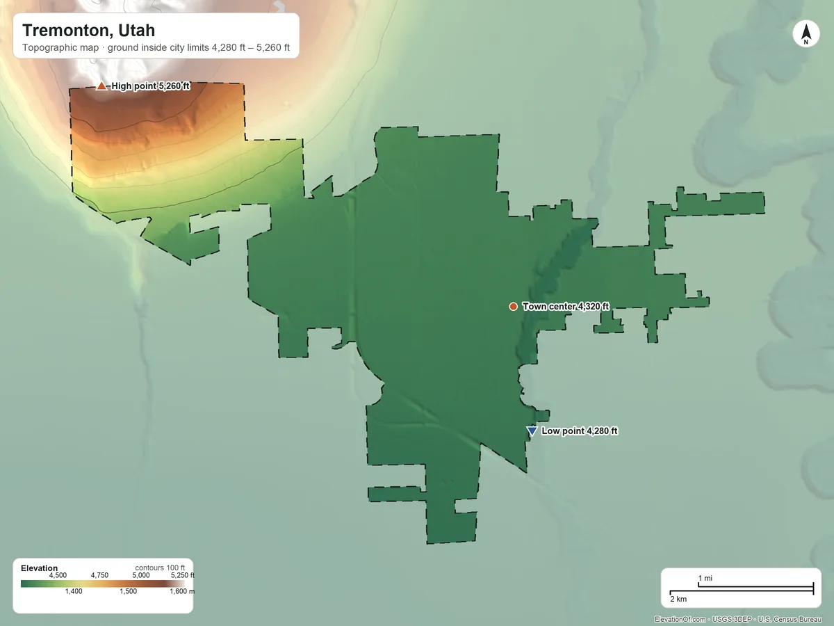 Topographic elevation map of Tremonton, Utah, shaded from 4,280 ft on the south side to 5,260 ft at the foot of the Blue Spring Hills