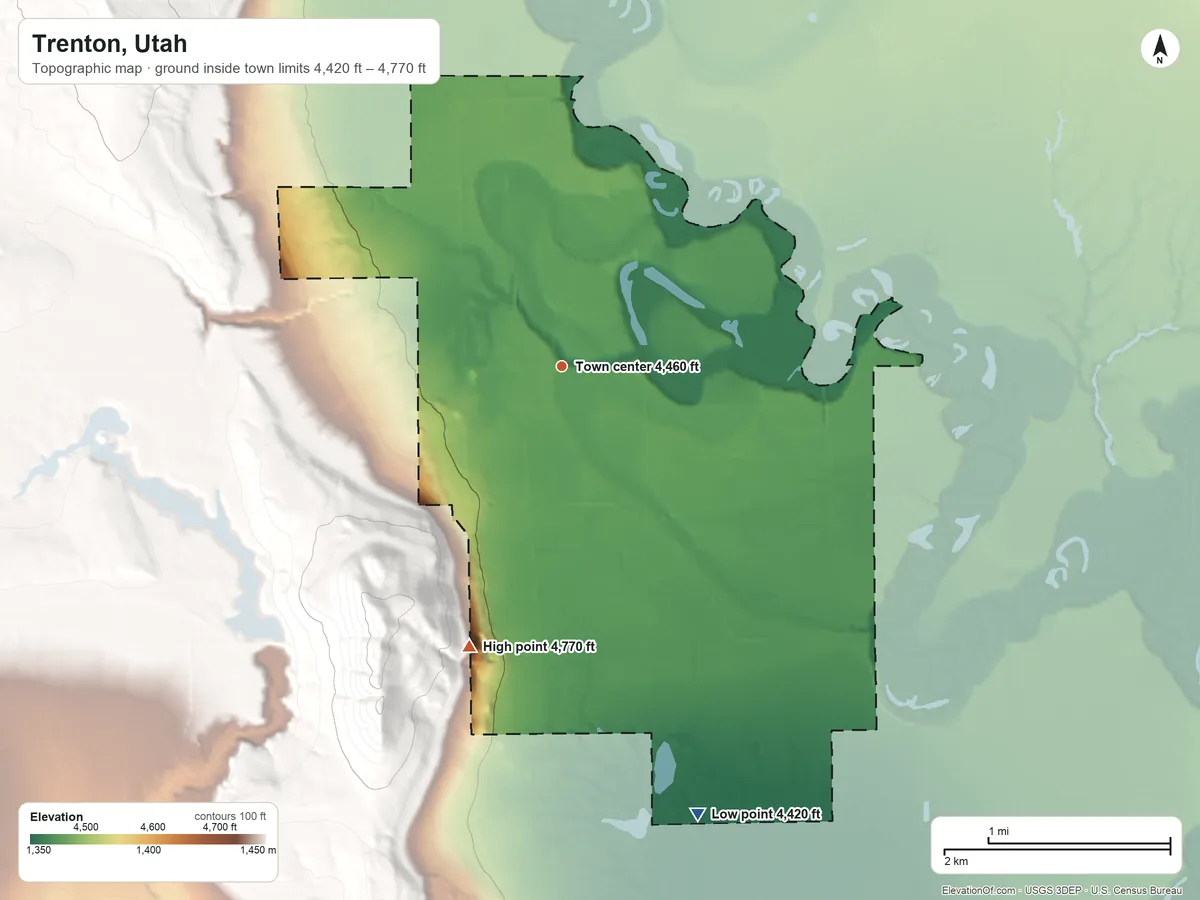 Topographic elevation map of Trenton, Utah, shaded from 4,420 ft on the south side to 4,770 ft at the foot of the Bear River Range