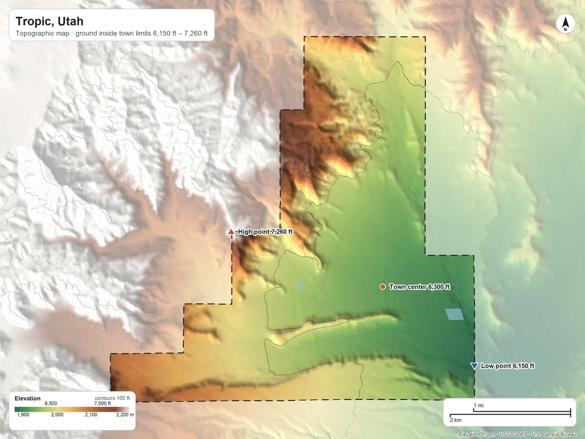 Topographic elevation map of Tropic, Utah, shaded from 6,150 ft on the southeast side to 7,260 ft on the west edge, below higher ground just outside