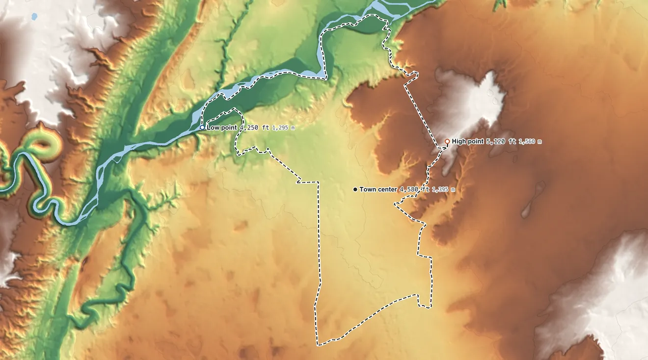 Topographic elevation map of Tselakai Dezza, Utah, shaded from 4,250 ft on the west side to 5,120 ft on the northeast side