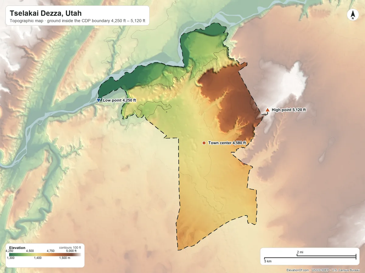 Topographic elevation map of Tselakai Dezza, Utah, shaded from 4,250 ft on the west side to 5,120 ft on the northeast side