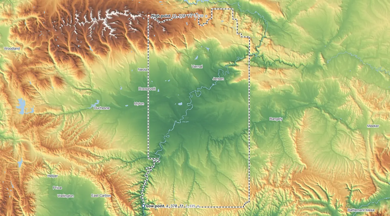 Topographic elevation map of Uintah County, Utah, shaded from 4,370 ft on the southwest side to 12,270 ft on the northwest side