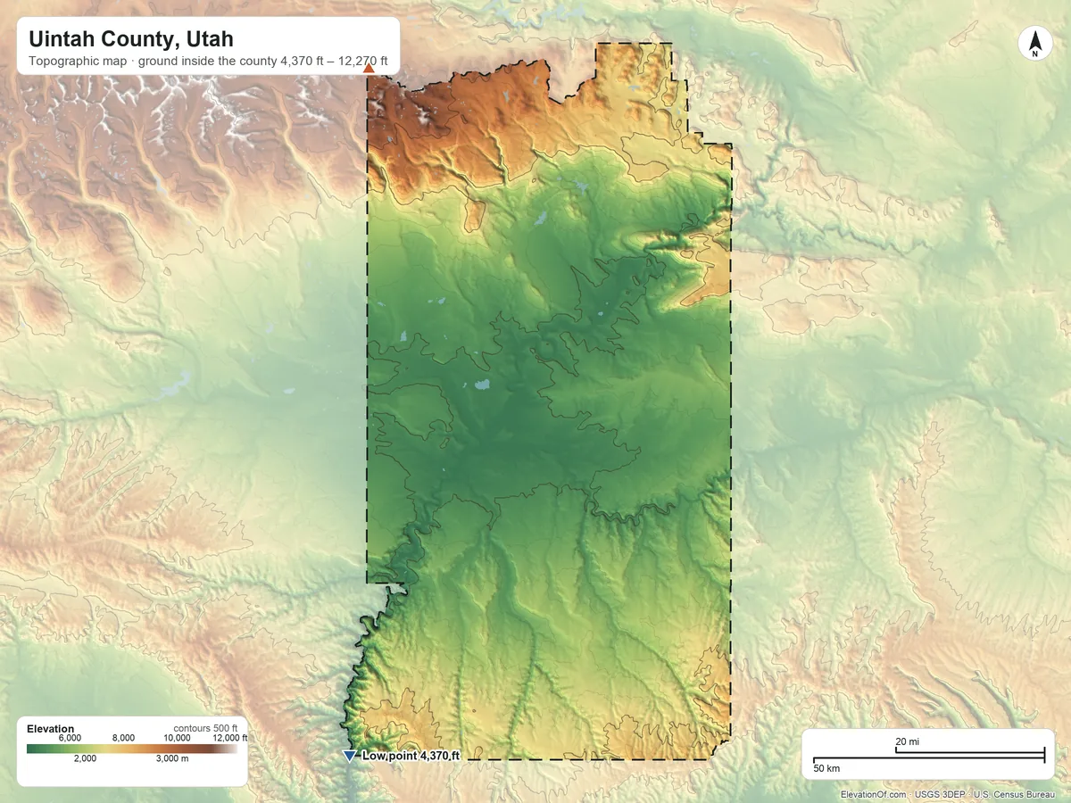 Topographic elevation map of Uintah County, Utah, shaded from 4,370 ft on the southwest side to 12,270 ft on the northwest side