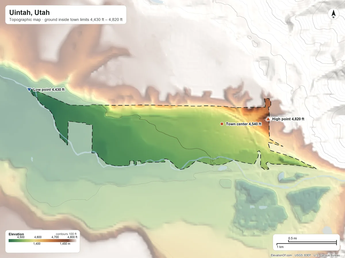 Topographic elevation map of Uintah, Utah, shaded from 4,430 ft on the west side to 4,820 ft on the east edge, below higher ground just outside
