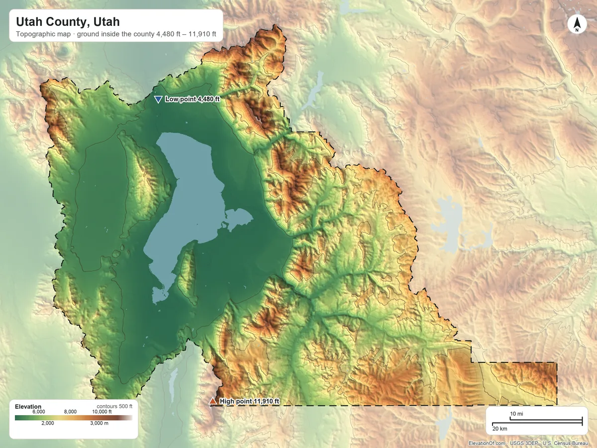 Topographic elevation map of Utah County, Utah, shaded from 4,480 ft on the northwest side to 11,910 ft on Mount Nebo