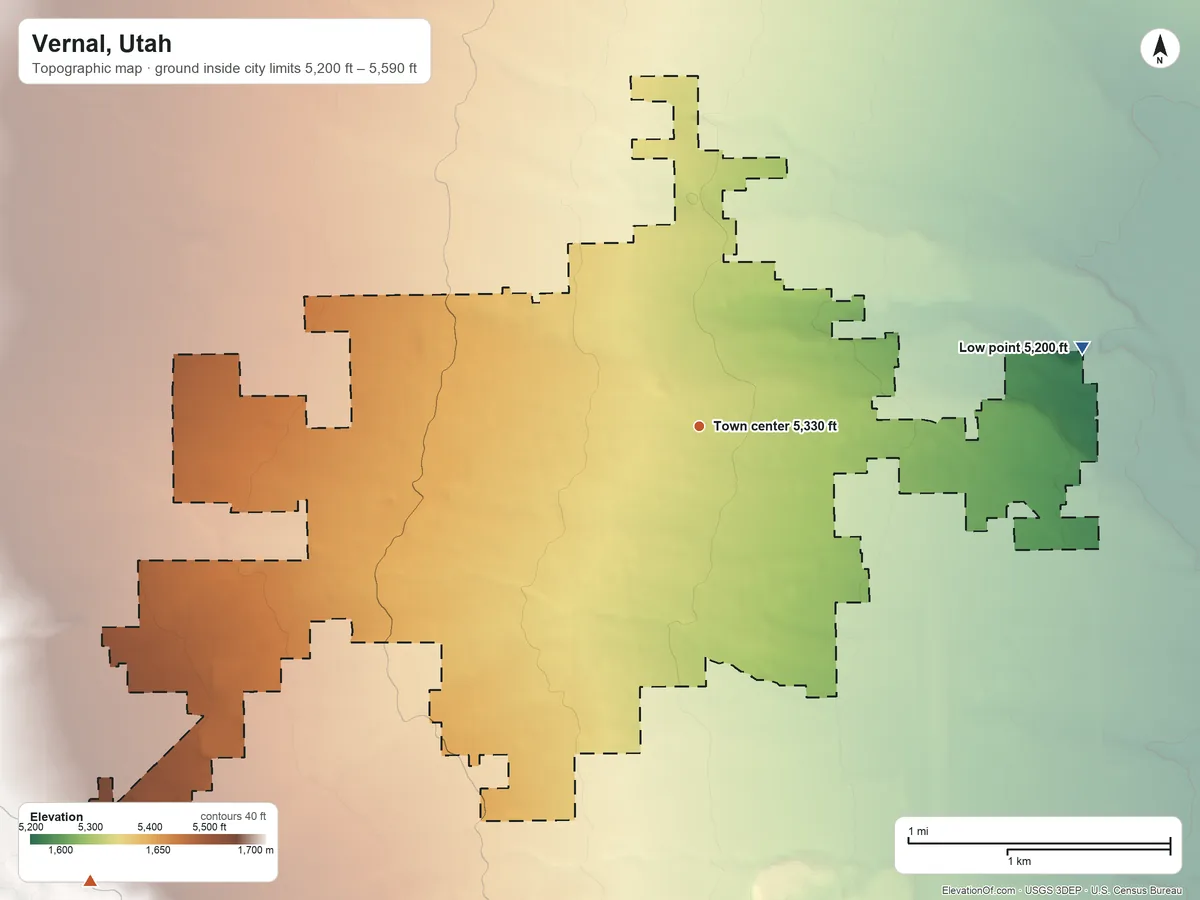Topographic elevation map of Vernal, Utah, shaded from 5,200 ft on the east side to 5,590 ft on the southwest edge, below higher ground just outside
