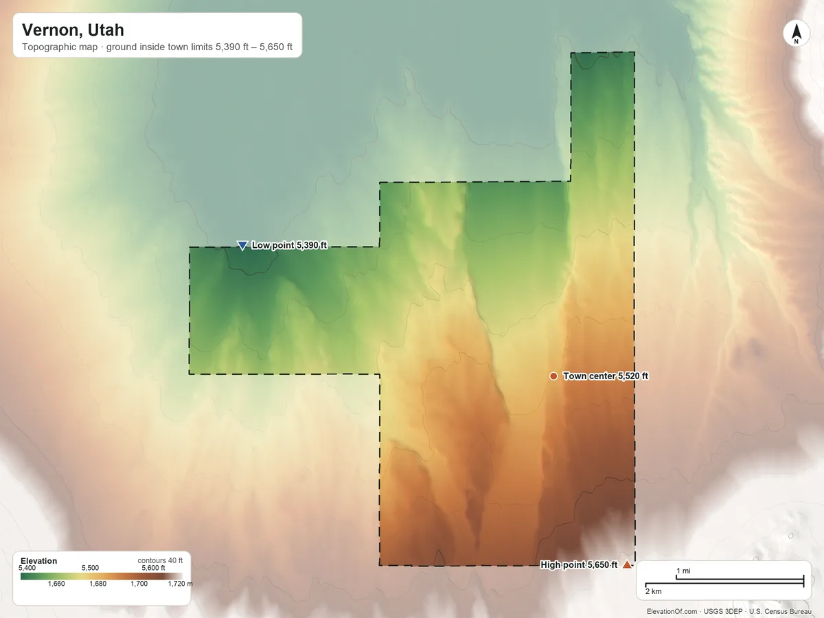 Topographic elevation map of Vernon, Utah, shaded from 5,390 ft on the northwest side to 5,650 ft at the foot of the Vernon Hills
