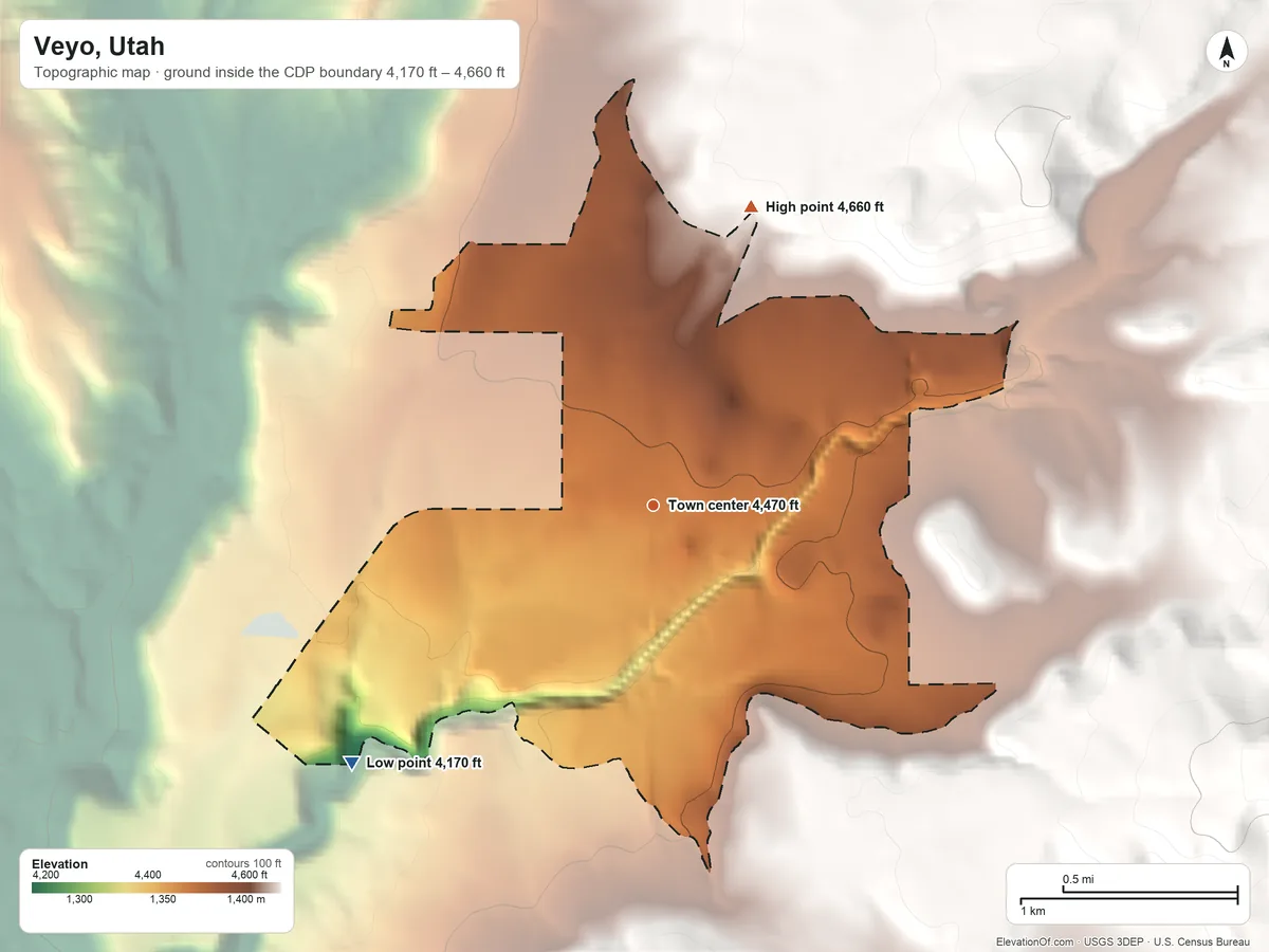 Topographic elevation map of Veyo, Utah, shaded from 4,170 ft on the southwest side to 4,660 ft at the foot of the Bull Valley Mountains