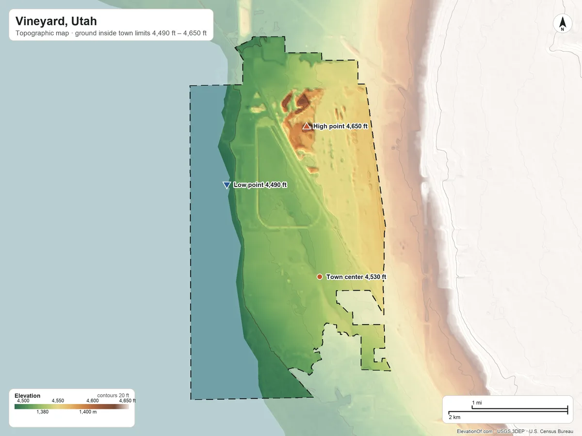 Topographic elevation map of Vineyard, Utah, shaded from 4,490 ft on the northwest side to 4,650 ft on the north side
