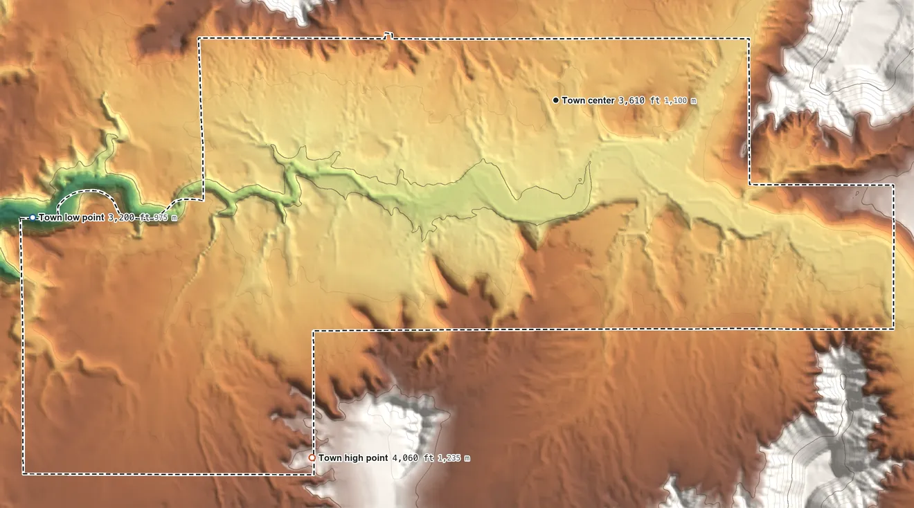 Topographic elevation map of Virgin, Utah, shaded from 3,200 ft on the west side to 4,060 ft on the southwest edge, below higher ground just outside
