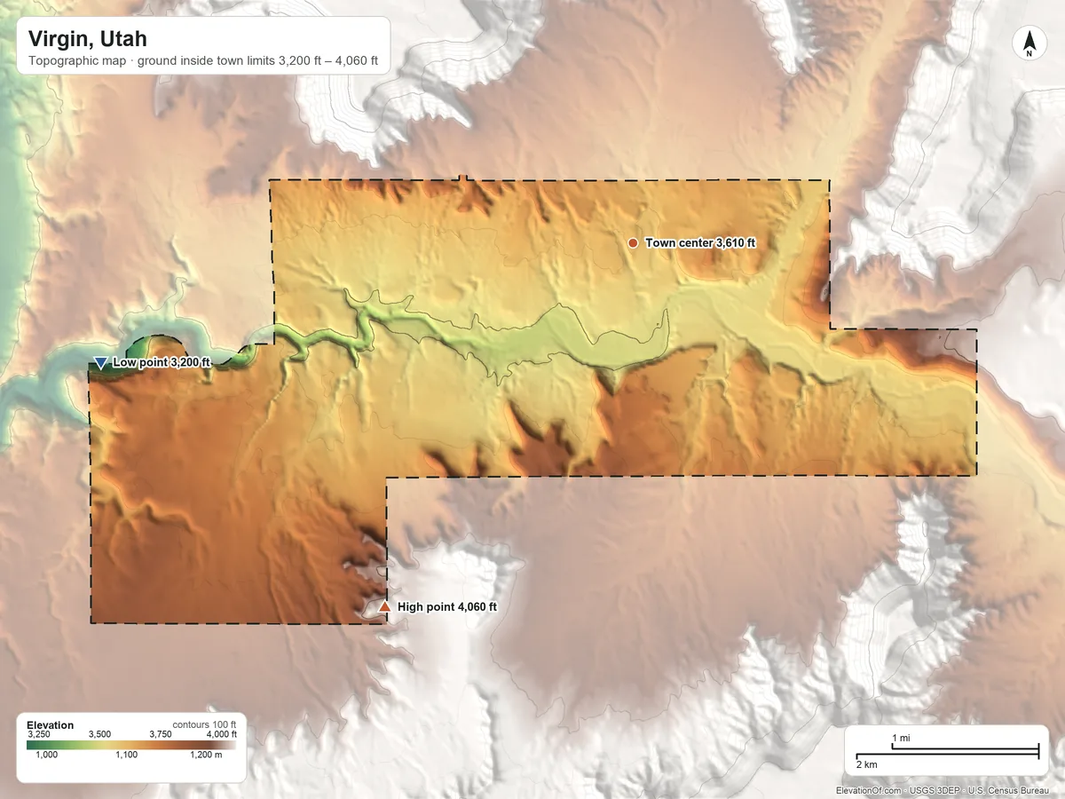 Topographic elevation map of Virgin, Utah, shaded from 3,200 ft on the west side to 4,060 ft on the southwest edge, below higher ground just outside