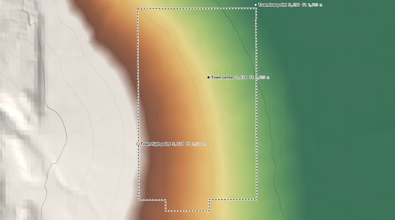Topographic elevation map of Wales, Utah, shaded from 5,590 ft on the northeast side to 5,710 ft at the foot of the San Pitch Mountains