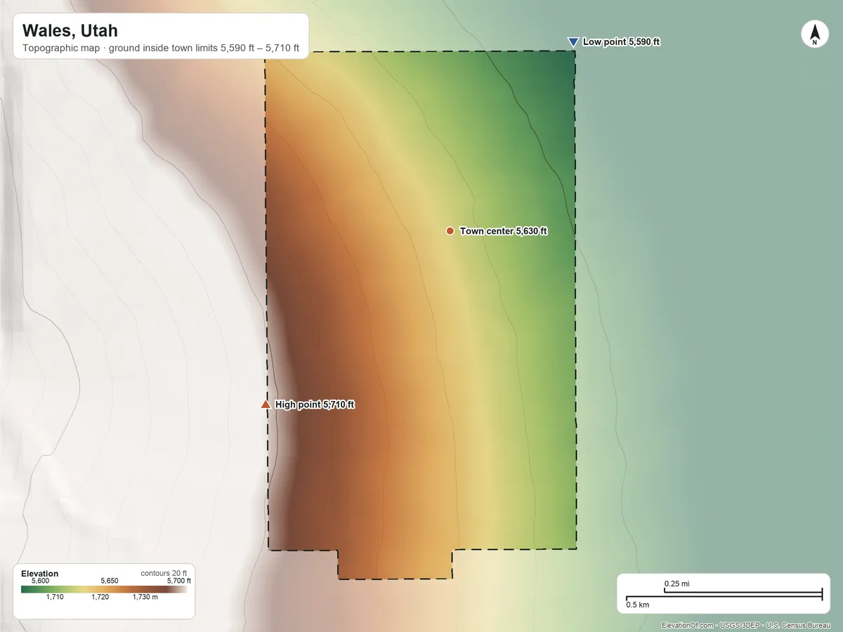 Topographic elevation map of Wales, Utah, shaded from 5,590 ft on the northeast side to 5,710 ft at the foot of the San Pitch Mountains