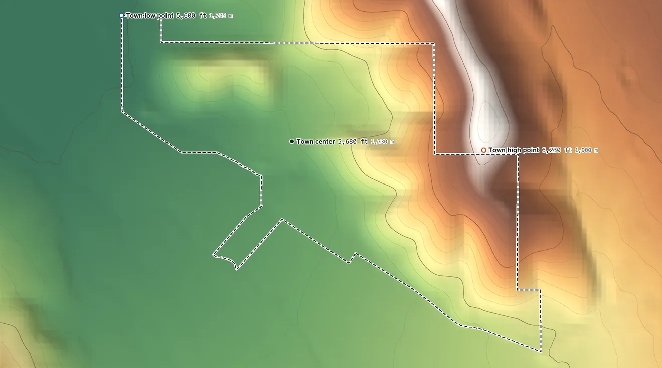 Topographic elevation map of Wallsburg, Utah, shaded from 5,600 ft on the northwest side to 6,230 ft on the east edge, below higher ground just outside