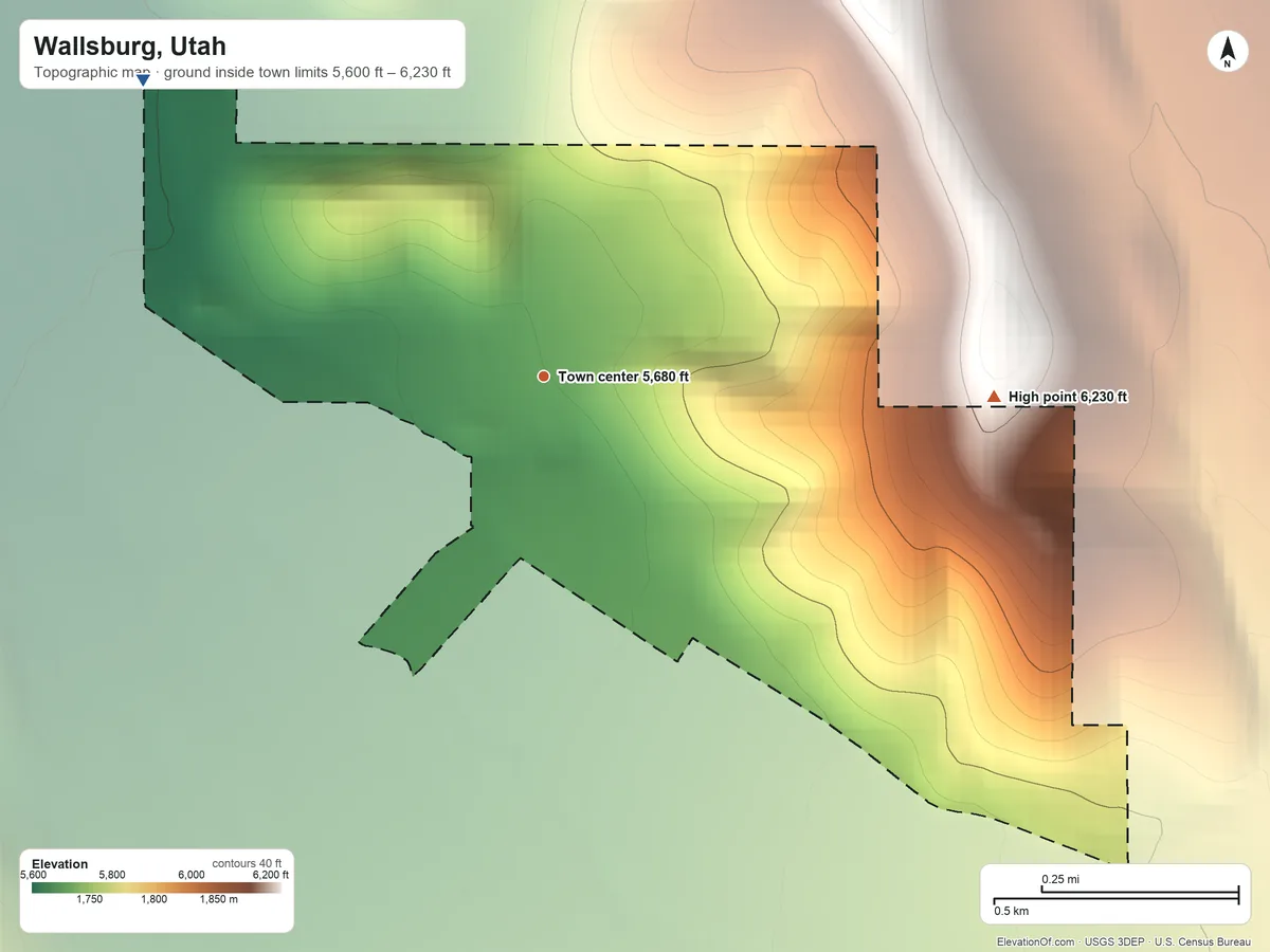 Topographic elevation map of Wallsburg, Utah, shaded from 5,600 ft on the northwest side to 6,230 ft on the east edge, below higher ground just outside